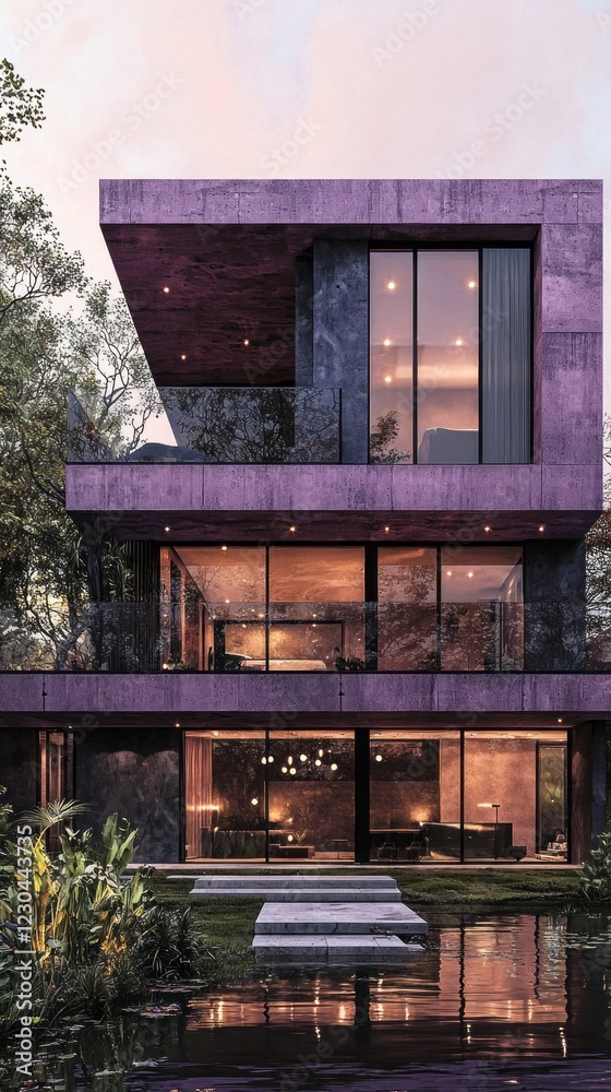 Poster set against a serene backdrop, this striking modern house features a vibrant purple color scheme. th