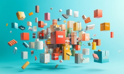 Colorful packages and boxes floating in mid-air against a teal background.