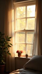 Fototapeta premium Soothing morning light filtered through a windowpane, soft focus, peaceful ambiance
