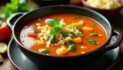 Sopa de verduras y carne cocinada en una olla grande, arroz, especias