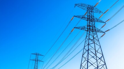 High-voltage power lines stretching across a clear blue sky, showcasing energy transmission infrastructure