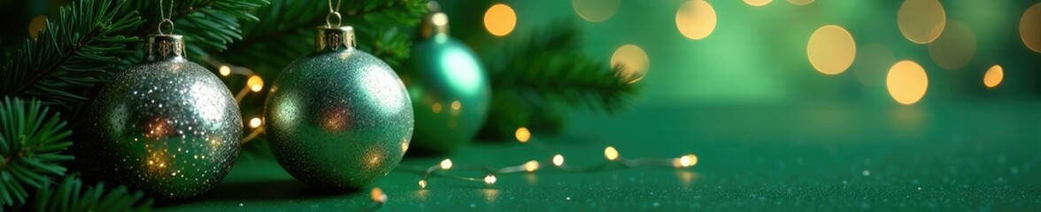 Sparkling silver ornaments on a lush green background, christmas balls, holiday lights, winter wonderland