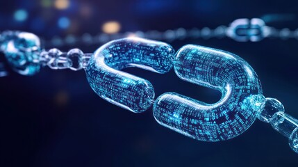 Digital chain link broken; cybersecurity vulnerability; dark background; tech concept; stock photo