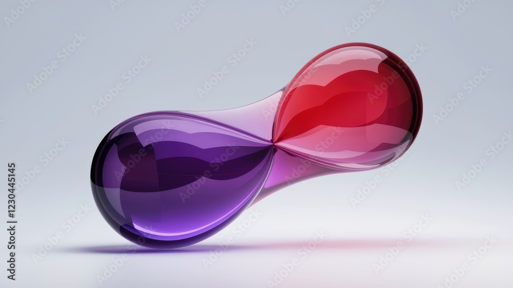 Poster abstract 3d rendering of intertwined purple and red glass spheres, reflecting light.