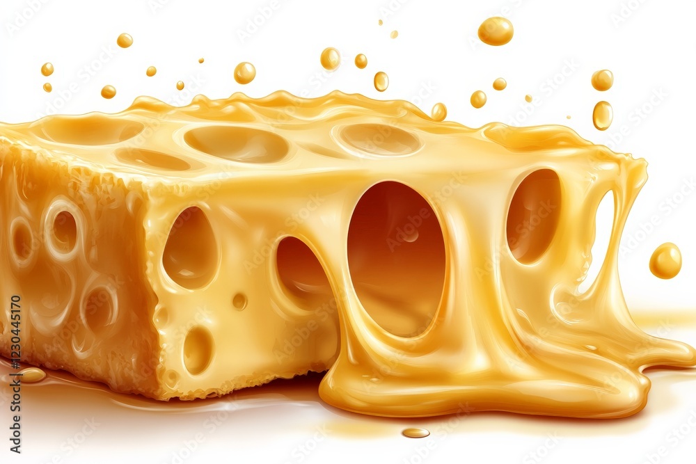 Poster Cheese block melting and oozing with a glossy texture on a white background in a creative culinary setting