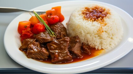 Chifa-style Aeropuerto Arroz Chaufa with Tender Beef, Served on a Bed of Willow Leaves. An Epicure's Delight with a Taste of China. (16:9 aspect ratio)