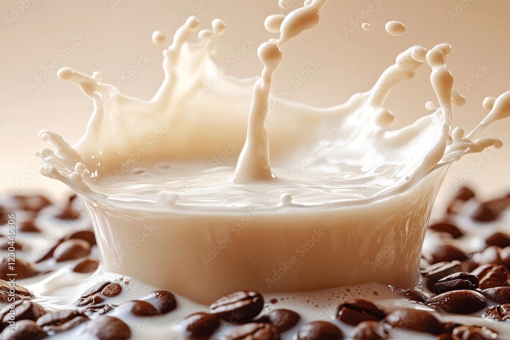 Poster Milk splashing onto coffee beans creating dynamic textures and vibrant contrast in a warm setting
