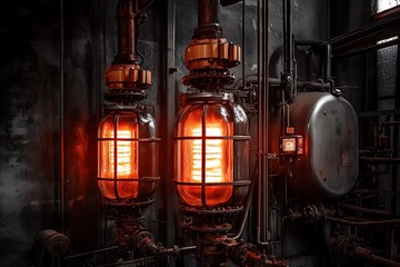 Intense Glowing Industrial Lamps in a Dark Factory Setting