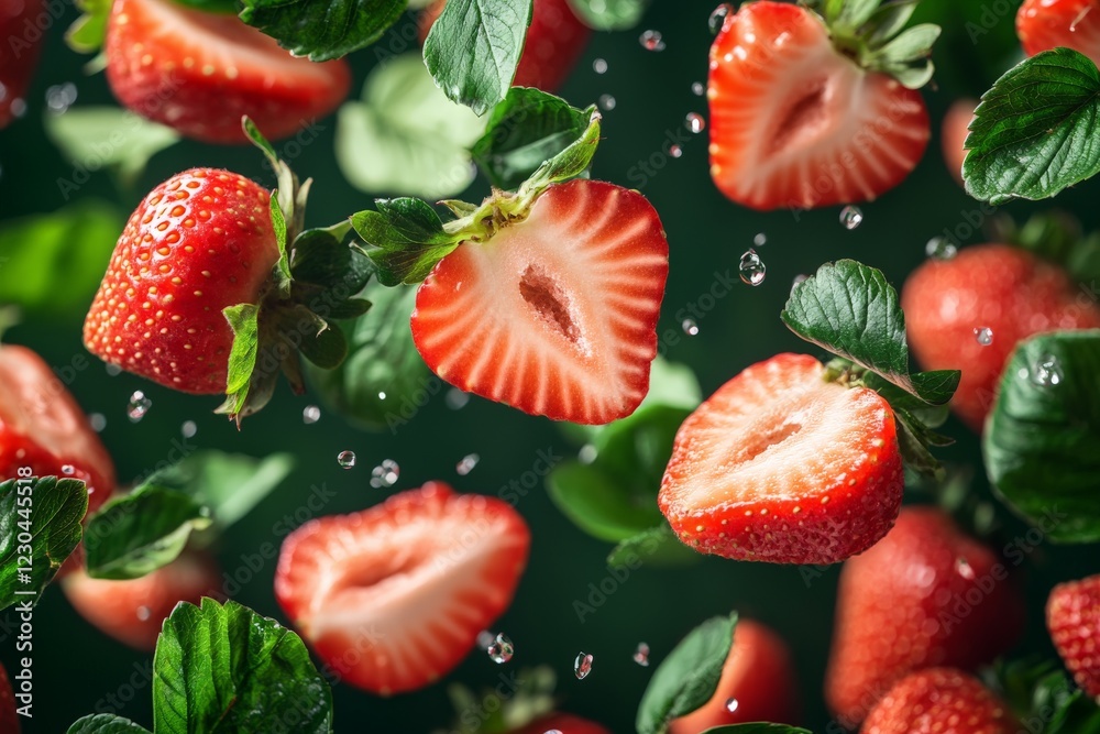 Poster Fresh strawberries with leaves splashing in water create a vibrant and refreshing display in a studio setting