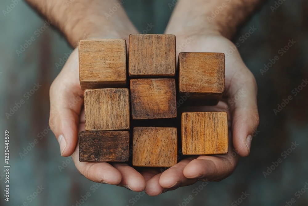 Poster Hands holding a collection of wooden blocks arranged in a grid pattern at a creative workspace