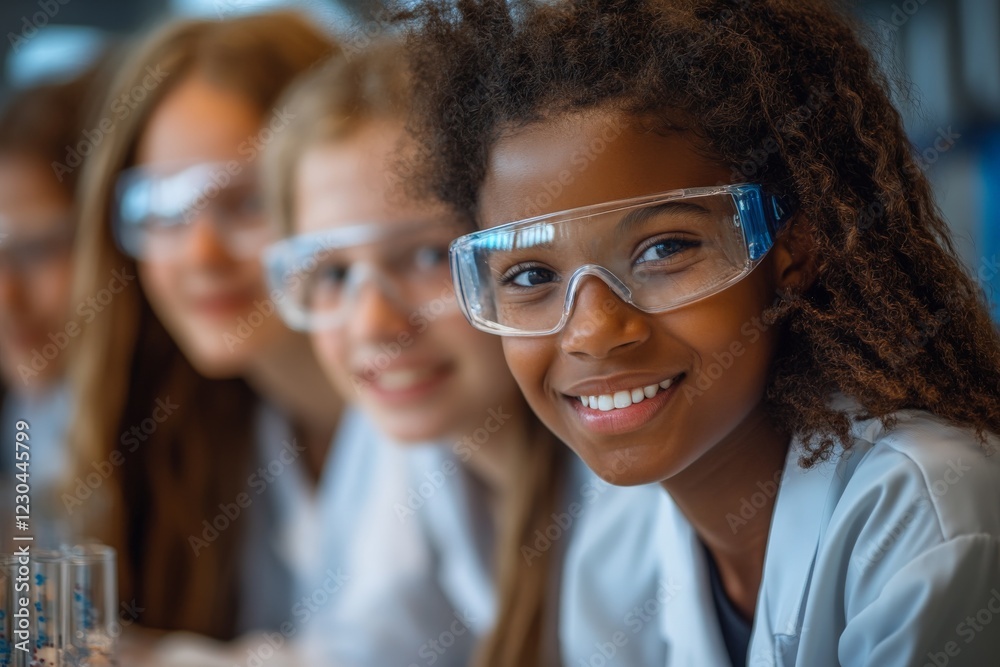 Poster group of young students engaged in science experiments while wearing safety glasses in a modern clas