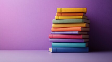 A Stack of Colorful Books on Purple Background