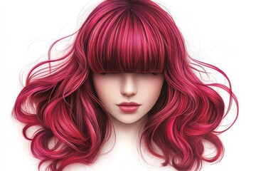 Fototapeta premium Vibrant pink hairstyle with soft waves and blunt bangs on a mannequin head