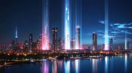 Obraz premium Futuristic smart city skyline at twilight with digital overlays and skyscrapers. 3D rendering