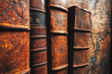 Antique leather-bound books stand in a row, hinting at stories untold.
