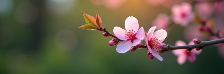 Fototapeta premium A delicate pink blossom blooms on the tip of a slender branch, nature, foliage
