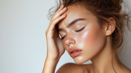 Fototapeta premium Portrait of a young woman with freckles, expressing a moment of contemplation against a neutral background