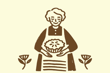 Hand-drawn minimalistic grandma with pie
