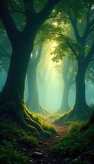 A sea of light and shadow wraps around ancient trees, mysterious, shadows