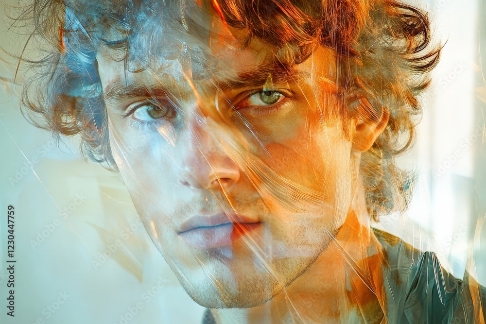 Aufkleber portrait of a young man with artistic overlay in bright colors and interesting textures reflecting e
