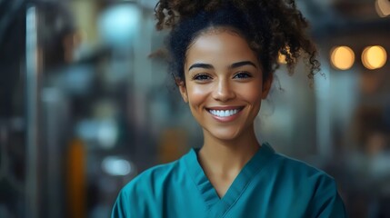Fototapeta premium A woman with a green scrubs is smiling