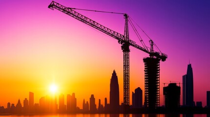 Construction site at sunset with cranes silhouetted against a vibrant skyline and cityscape