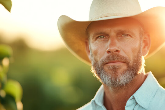 Mature caucasian man in cowboy hat surrounded by golden sunset light with thoughtful expression and serene outdoor setting - Powered by Adobe