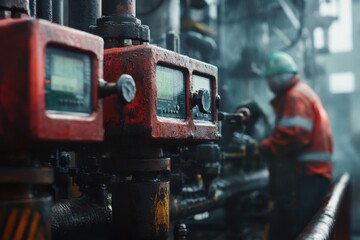 Fototapeta premium Engineer Inspecting Flow Meters on Offshore Oil Rig