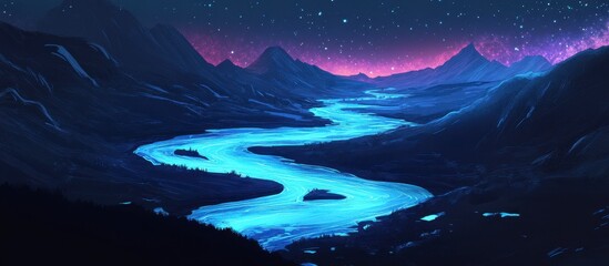 Obraz premium Glowing River Winding Through Night Mountains - Fantasy Landscape