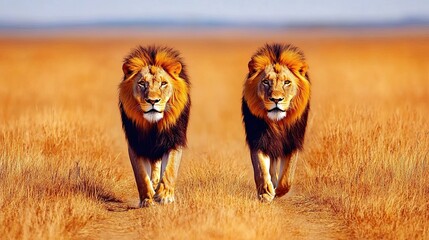 Two adult lions with a golden mane walking across the savannah. The predators are looking directly into the camera. Natural habitat of wild ferocious predator. Illustration for design.