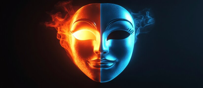 Fiery Blue Split Face Mask, Smiling, Dramatic Light
