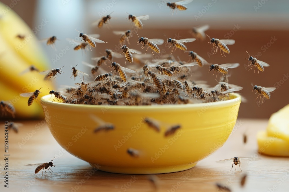 Poster swarm of bees surrounding a bowl of food on a wooden table in a bright indoor setting