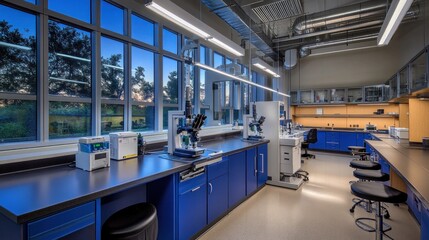 Obraz premium A high-tech laboratory interior illuminated by soft evening light, featuring state-of-the-art scientific equipment, microscopes, and blue cabinetry