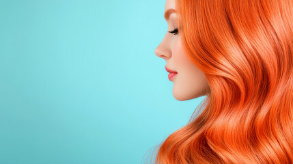Naklejka premium Young caucasian woman with vibrant red hair in profile against a blue backdrop showcasing elegant beauty