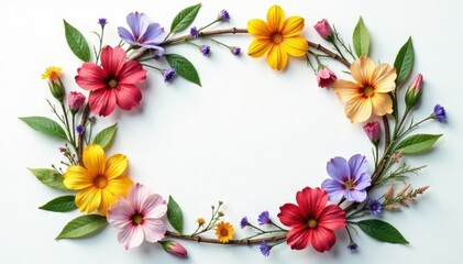 Floral wreath made of fresh summer wildflowers and foliage with texture, wildflowers, garden, twigs