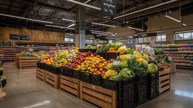 A market stand overflowing with an assortment of vibrant, fresh fruits and vegetables inside a spacious grocery store