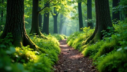 Obraz premium Forest trail meanders through dense underbrush and moss, terrain, natural, underbrush