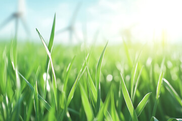 Fototapeta premium Vibrant green grass field with wind turbines in bright sunlight renewable energy concept