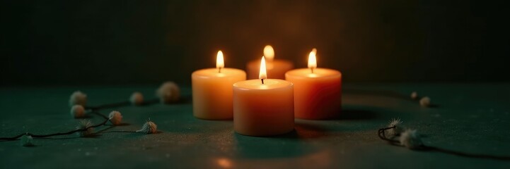 Four candles sit in a triangle formation on a dark moody green brown background, ambiance, christmas, rustic