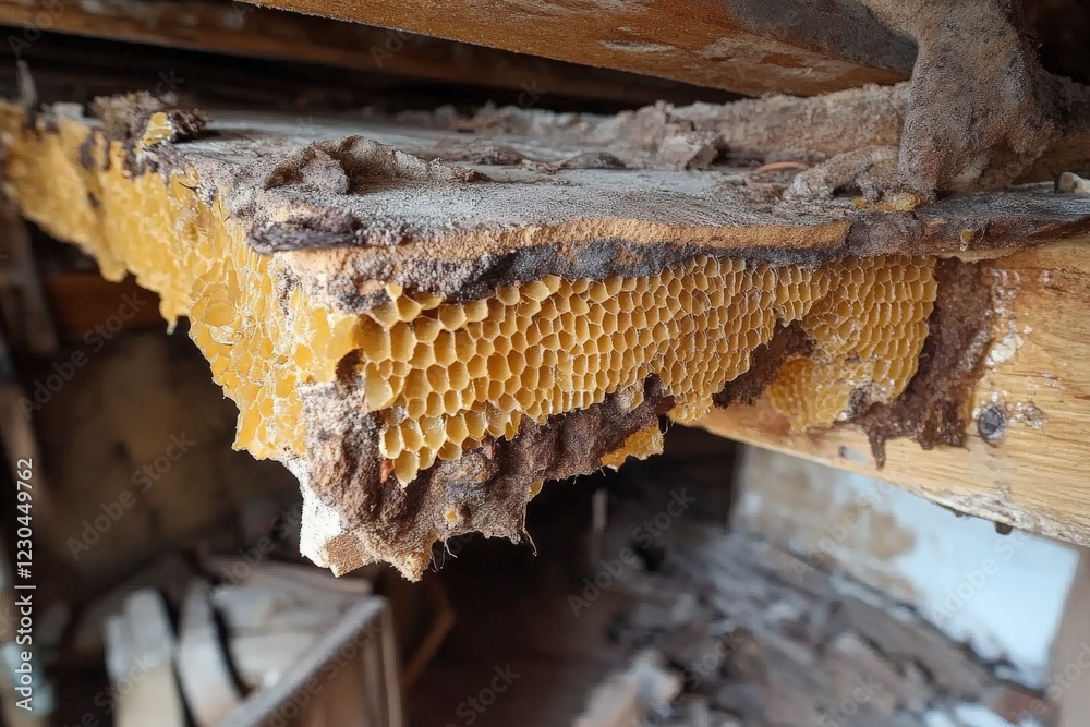 Poster Beehive discovery in an old building showcases weathered honeycomb structure and remnants of bee activity