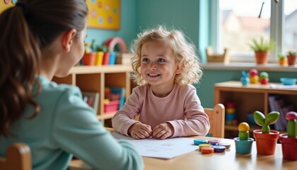 Child engaging with psychologist during a playful therapy session in bright, educational environment
