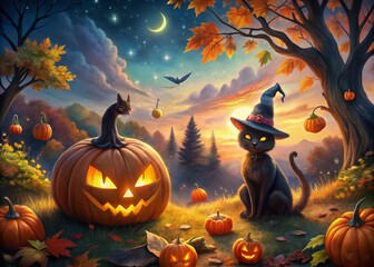 Fototapeta premium Spooky Halloween Landscape: Pumpkin Wizard, Black Cat & Jack-o'-Lanterns