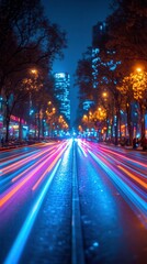 Obraz premium Vibrant Neon Light Trails Illuminate a City Street at Night. Generative AI