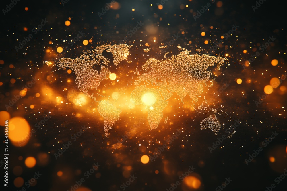 Aufkleber elegant golden world map surrounded by shimmering particles and light effects showcasing global conn