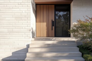 The contemporary entrance showcases a stylish wooden door set against the backdrop of clean lines, perfectly illuminated by the bright sun in a modern residential neighborhood