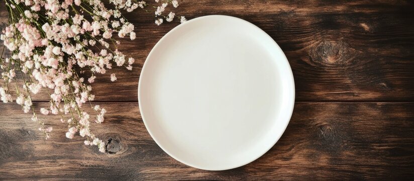 Empty White Plate on Rustic Wood with Pink Flowers - Flat Lay Mockup - Powered by Adobe