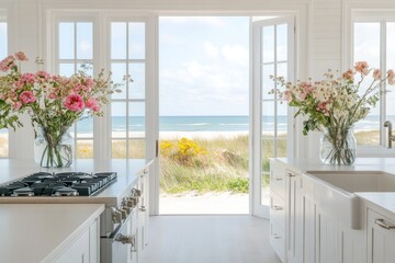 Fototapeta premium Coastal Kitchen Serenity: Beachfront View from a White Kitchen