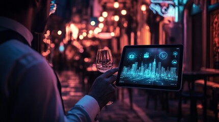 Waiter hand holding an empty digital tablet with Smart city with smart services and icons, internet of things, networks and augmented reality concept , night scene .