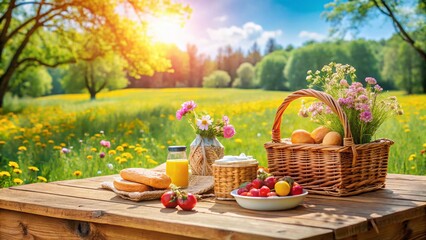 Fototapeta premium Spring Picnic: Idyllic Basket & Table Setting in Blooming Meadow