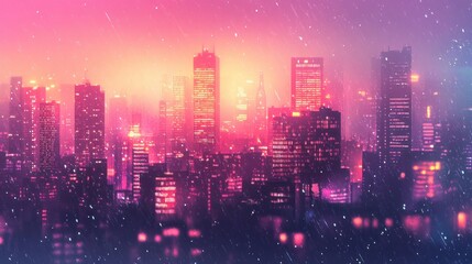 Fototapeta premium A soft-focus night cityscape with bokeh lights, presented in a vector illustration with floating particles
